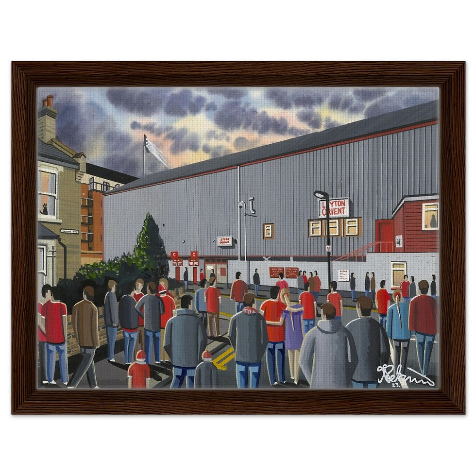 Thumbnail: Leyton Orients F.C Brisbane Road Football Stadium By Artist Andrew Robinson andrewrobinsonart.com, framed Fine Art Prints Posters, Canvas Prints, Ceramic Mugs etc