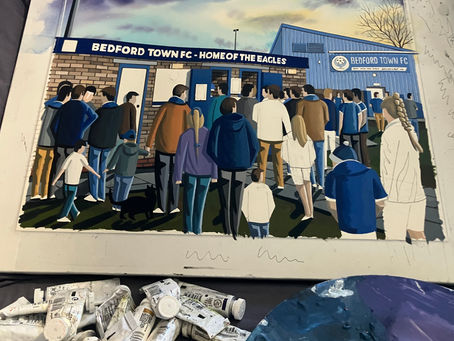 Bedford Town FC painting in progress. Painting by artist Andrew Robinson. andrewrobinsonart.com