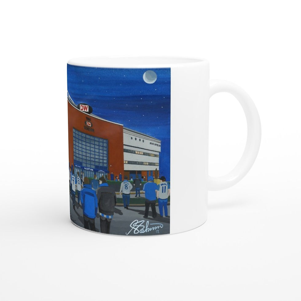 Thumbnail: Wigan Athletic FC football stadium scene by artist Andrew Robinson andrewrobinsonart.com. Available in fine art print, poster, canvas prints and mugs etc 
