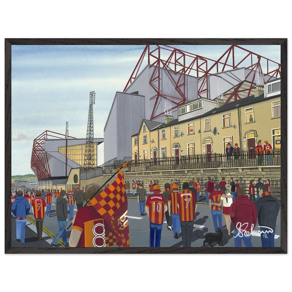 Thumbnail: Bradford City AFC Valley Parade  football stadium scene by artist Andrew Robinson andrewrobinsonart.com. Available in fine art print, poster, canvas prints and mugs etc 