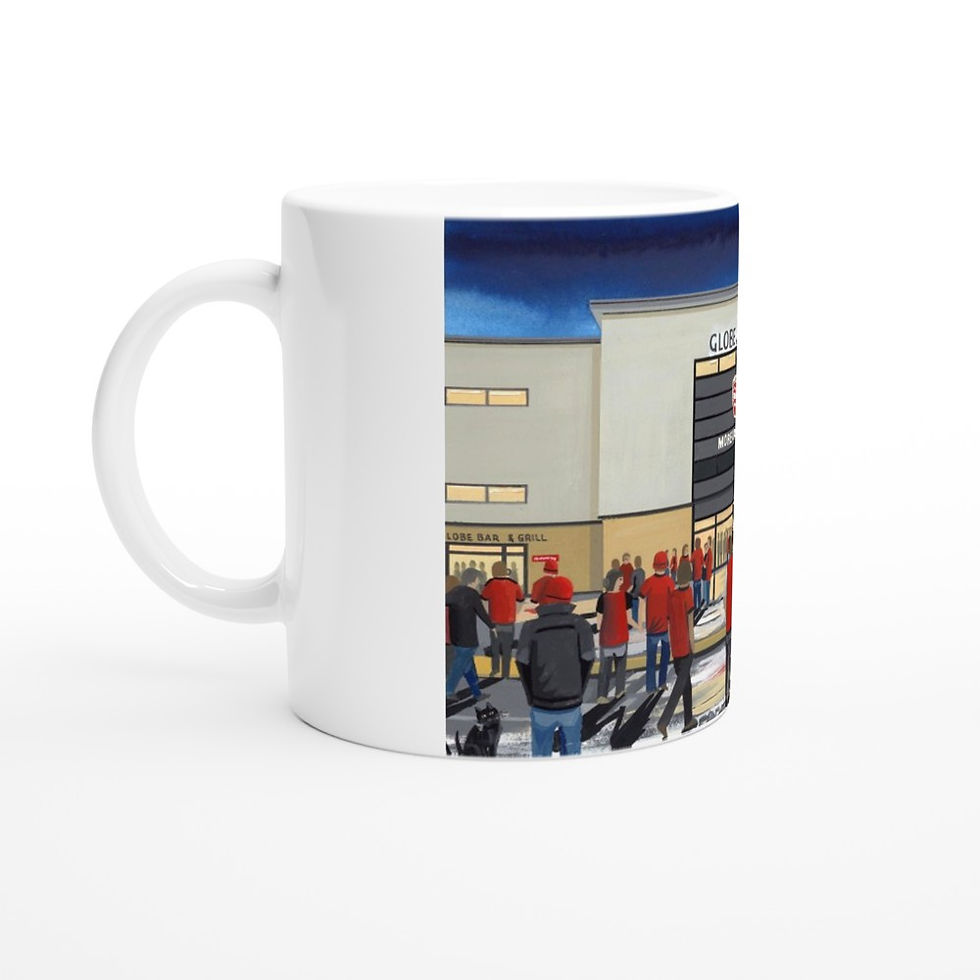 Thumbnail: Morecambe FC Retro Globe Arena Football Stadium Scene by artist Andrew Robinson andrewrobinsonart.com. Available in fine art print, poster, canvas prints and mugs etc