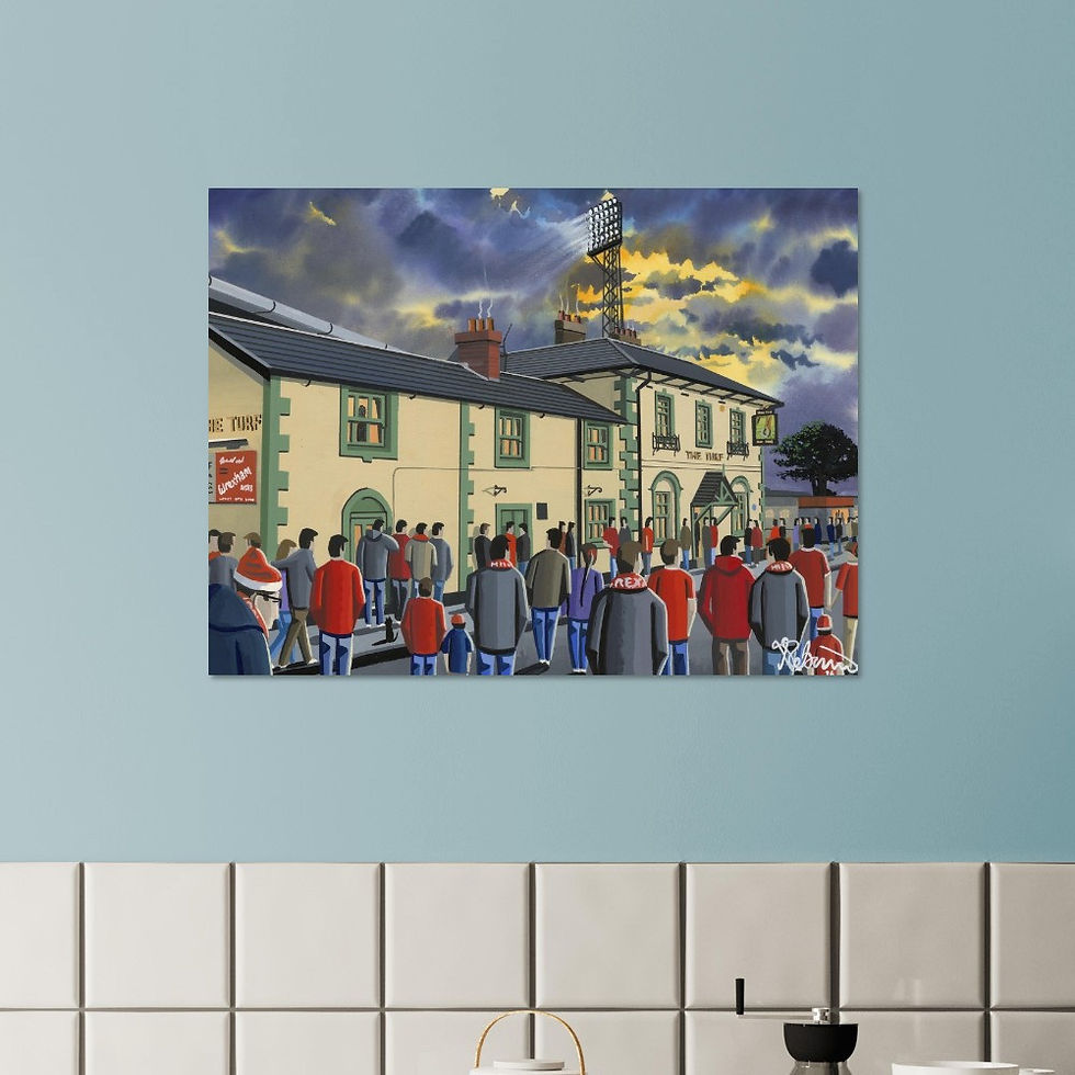 Thumbnail: Wrexham AFC Racecourse Ground Football Stadium Scene by artist Andrew Robinson andrewrobinsonart.com. Available in fine art print, poster, canvas prints and mugs etc