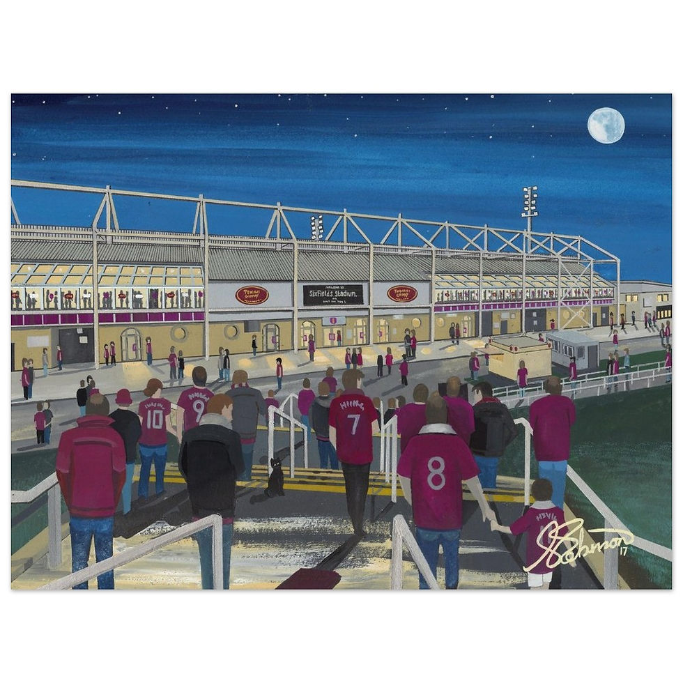 Northampton Town FC, Sixfields Football Stadium Scene by artist Andrew Robinson andrewrobinsonart.com. Available in fine art print, poster, canvas prints and mugs etc