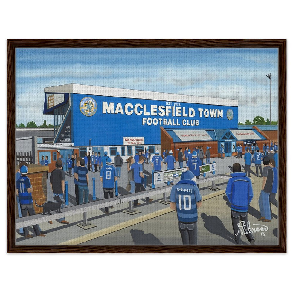 Thumbnail: Macclesfield Town F.C Moss Rose Football Stadium By Artist Andrew Robinson andrewrobinsonart.com, framed Fine Art Prints Posters, Canvas Prints, Ceramic Mugs etc