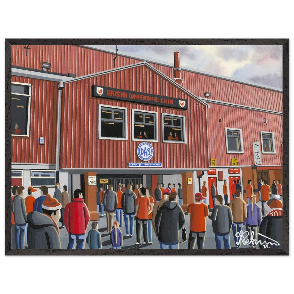 Bristol City F.C Retro Ashton Gate Stadium By Artist Andrew Robinson andrewrobinsonart.com, Andrew Robinson art. Framed Fine Art Prints, Posters, Canvas Prints, Framed canvas prints, Ceramic Mugs etc sport, football, rugby, NFL