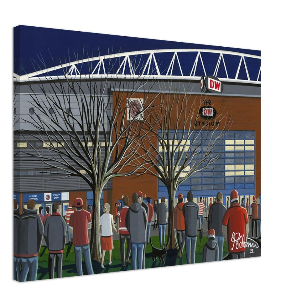 Wigan Warriors Rugby League Stadium By Artist Andrew Robinson andrewrobinsonart.com, Andrew Robinson art .Framed Fine Art Prints, Posters, Canvas Prints, Framed canvas prints, Ceramic Mugs etc sport, football, rugby, NFL