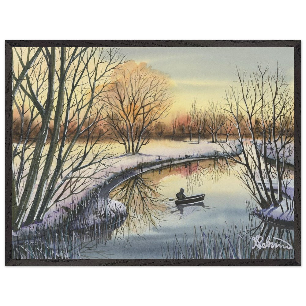 Great Ouse backwater, Cambridgeshire snow winter scene by artist Andrew Robinson andrewrobinsonart.com. Available in fine art print, poster, canvas prints and mugs etc