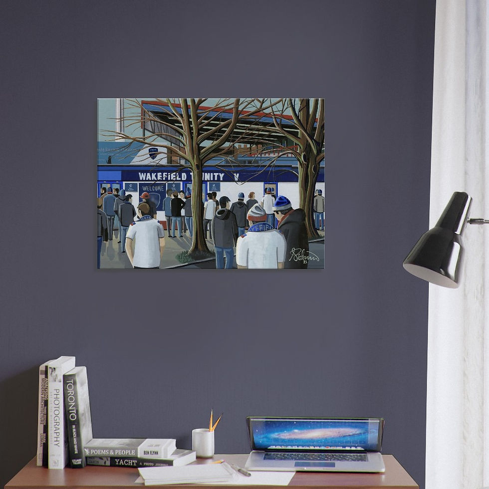 Thumbnail: Wakefield Trinity Rugby League Stadium  By Artist Andrew Robinson andrewrobinsonart.com, Andrew Robinson art .Framed Fine Art Prints, Posters, Canvas Prints, Framed canvas prints, Ceramic Mugs etc sport, football, rugby, NFL