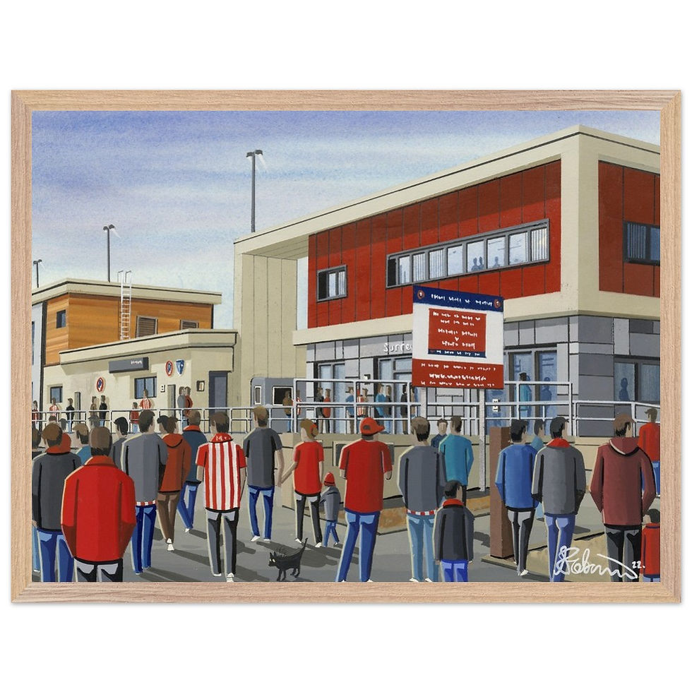 Thumbnail: Dorking Wanderers FC Meadowbank football stadium scene by artist Andrew Robinson andrewrobinsonart.com. Available in fine art print, poster, canvas prints and mugs etc 