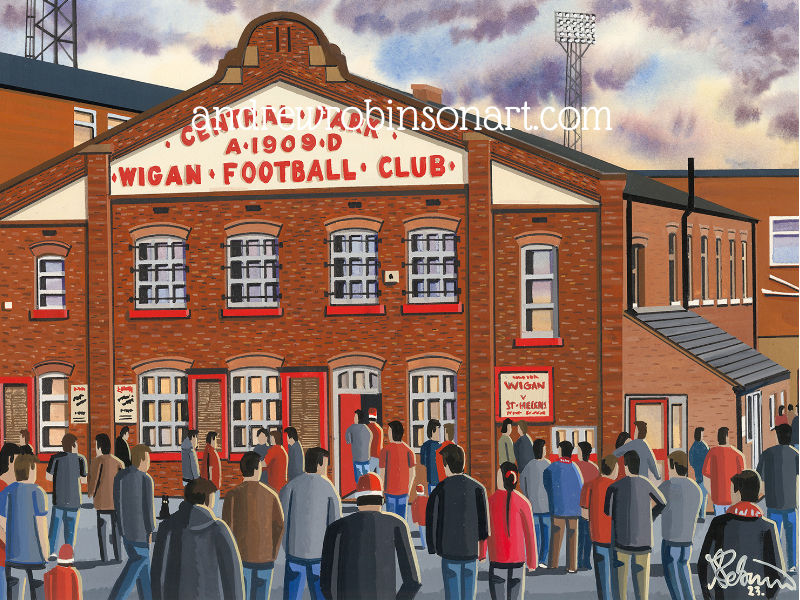Thumbnail: Wigan Warriors retro Central Park rugby stadium scene by artist Andrew Robinson andrewrobinsonart.com. Available in fine art print, poster, canvas prints and mugs etc Wigan Warriors retro Central Park rugby stadium scene by artist Andrew Robinson andrewrobinsonart.com. Available in fine art print, poster, canvas prints and mugs etc 
