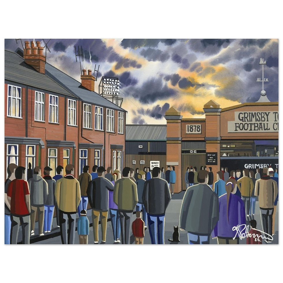 Grimsby Town FC retro Blundell Park football stadium By Artist Andrew Robinson andrewrobinsonart.com, Andrew Robinson art .Framed Fine Art Prints, Posters, Canvas Prints, Framed canvas prints, Ceramic Mugs etc sport, football, rugby, NFL
