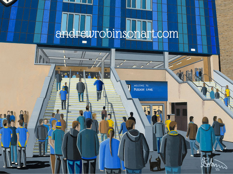 Thumbnail: AFC Wimbledon Plough Lane  Football Stadium Scene by artist Andrew Robinson andrewrobinsonart.com. Available in fine art print, poster, canvas prints and mugs etc 