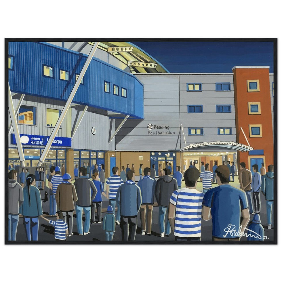 Reading FC football stadium art print, poster, canvas print, framed canvas and posters & mugs etc. Art print by artist Andrew Robinson. Andrewrobinsonart.com