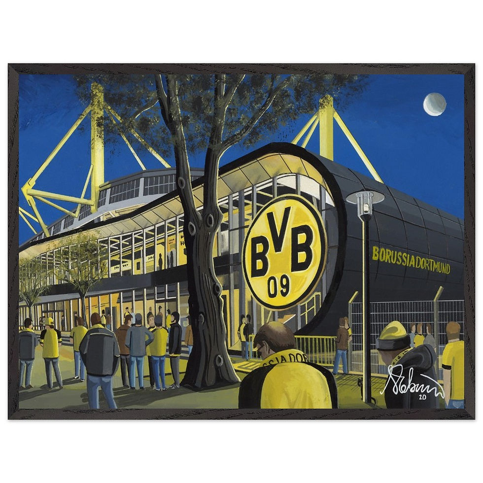 Thumbnail: Borussia Dortmund FC football stadium art print, poster,canvas printFramed canvas and posters & mugs etc. Art print by artist Andrew Robinson. Andrewrobinsonart.com