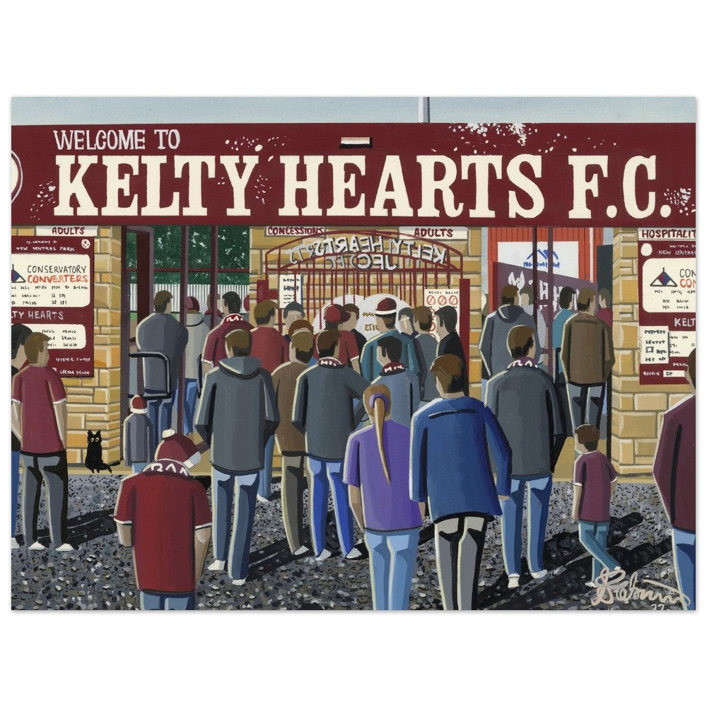 Kelty Hearts FC New Central Park Football Stadium Scene by artist Andrew Robinson andrewrobinsonart.com. Available in fine art print, poster, canvas prints and mugs etc