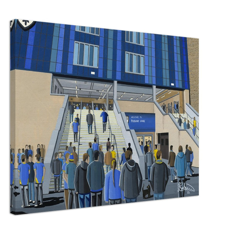 AFC Wimbledon Football Stadium By Artist Andrew Robinson andrewrobinsonart.com, Andrew Robinson art .Framed Fine Art Prints, Posters, Canvas Prints, Framed canvas prints, Ceramic Mugs etc sport, football, rugby, NFL