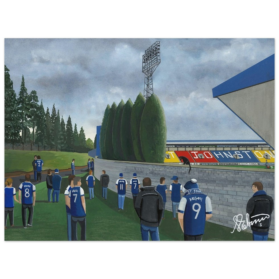 St Johnstone FC Mcdiarmid Park football stadium scene by artist Andrew Robinson andrewrobinsonart.com. Available in fine art print, poster, canvas prints and mugs etc