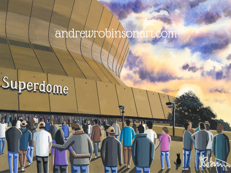 New Orleans Saints. American football stadium. Ready to hang framed poster art print. Ideal wall art American football team memorabilia gift for birthdays, Christmas, Father’s Day. Perfect addition to any home or office. By artist Andrew Robinson.