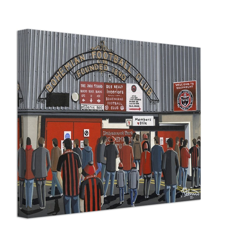 Thumbnail: Bohemians FC Dalymount Park  football stadium scene by artist Andrew Robinson andrewrobinsonart.com. Available in fine art print, poster, canvas prints and mugs etc 