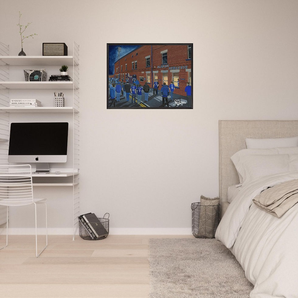 Thumbnail: Oldham Athletic FC Boundary Park Football Stadium Scene by artist Andrew Robinson andrewrobinsonart.com. Available in fine art print, poster, canvas prints and mugs etc 