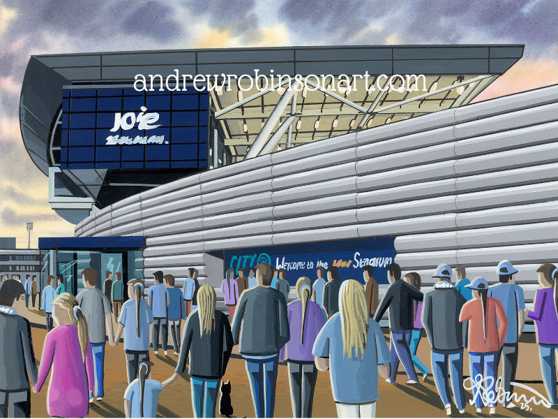 Thumbnail: Manchester City WFC Academy football  stadium. Ready to hang framed & mounted Utd United art print. Ideal wall art football club F.C memorabilia gift for birthdays, Christmas, Father’s Day. Perfect addition to any home or office. By artist Andrew Robinson.