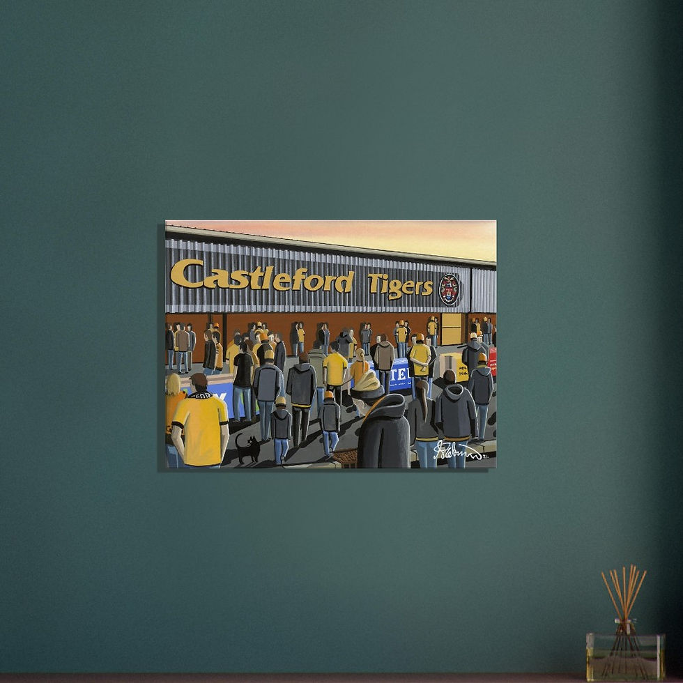 Thumbnail: Castleford Tigers Rugby League Stadium  By Artist Andrew Robinson andrewrobinsonart.com, Andrew Robinson art .Framed Fine Art Prints, Posters, Canvas Prints, Framed canvas prints, Ceramic Mugs etc sport, football, rugby, NFL