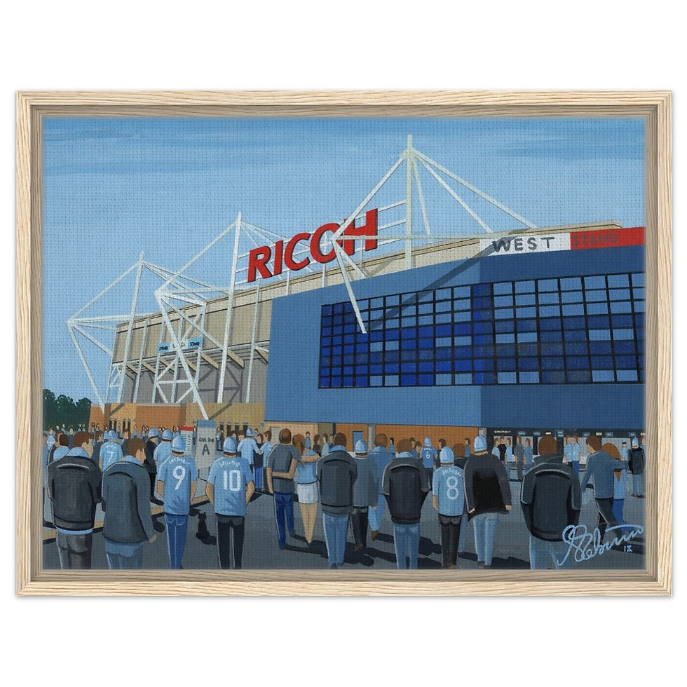 Thumbnail: Coventry City F.C Ricoh Stadium. Football Framed Canvas Print. Ceramic Mugs, Fine Art Prints and posters etc By Artist Andrew Robinson. andrewrobinsonart.com
