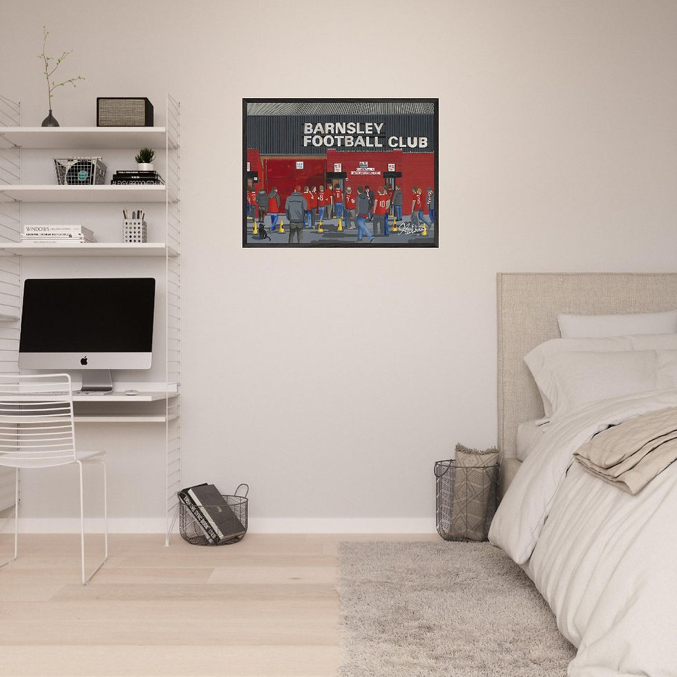 Thumbnail: Barnsley FC Oakwell Football Stadium Scene by artist Andrew Robinson andrewrobinsonart.com. Available in fine art print, poster, canvas prints and mugs etc 