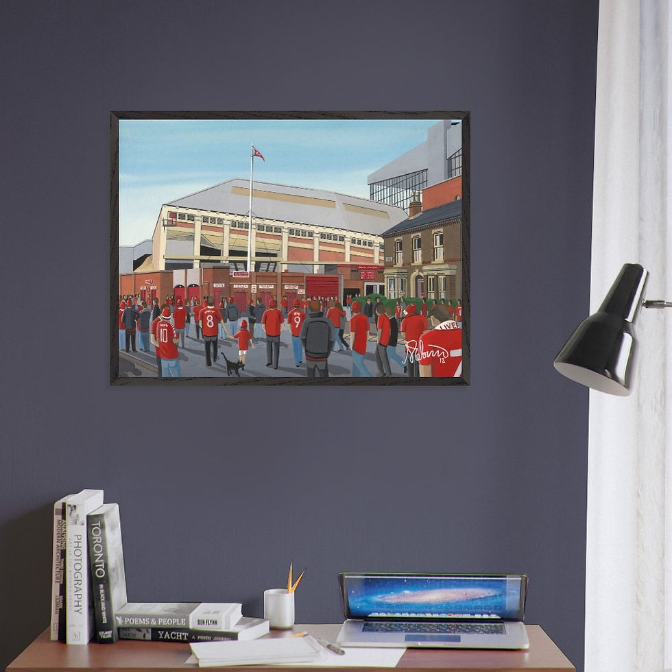Thumbnail: Liverpool Fc retro Anfield Spion Kop football stadium art print, poster,canvas printFramed canvas and posters & mugs etc. Art print by artist Andrew Robinson. Andrewrobinsonart.com