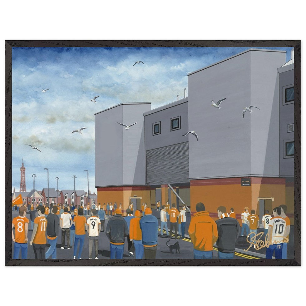 Thumbnail: Blackpool FC Bloomfield Road Football Stadium Scene by artist Andrew Robinson andrewrobinsonart.com. Available in fine art print, poster, canvas prints and mugs etc 