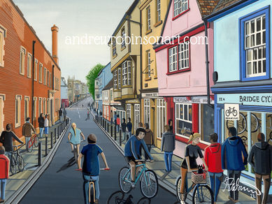 Magdalene Street, Cambridge. Urban Cityscape landscape art. Ready to hang framed poster art print. Ideal wall art memorabilia gift for birthdays, Christmas, Father’s Day, or for any resident or visitor. By artist Andrew Robinson