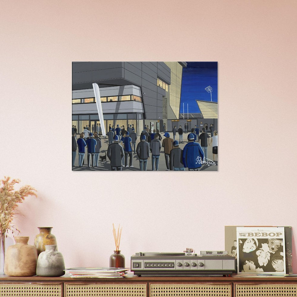 Thumbnail: Sale Sharks Rugby Union Stadium  By Artist Andrew Robinson andrewrobinsonart.com, Andrew Robinson art .Framed Fine Art Prints, Posters, Canvas Prints, Framed canvas prints, Ceramic Mugs etc sport, football, rugby, NFL