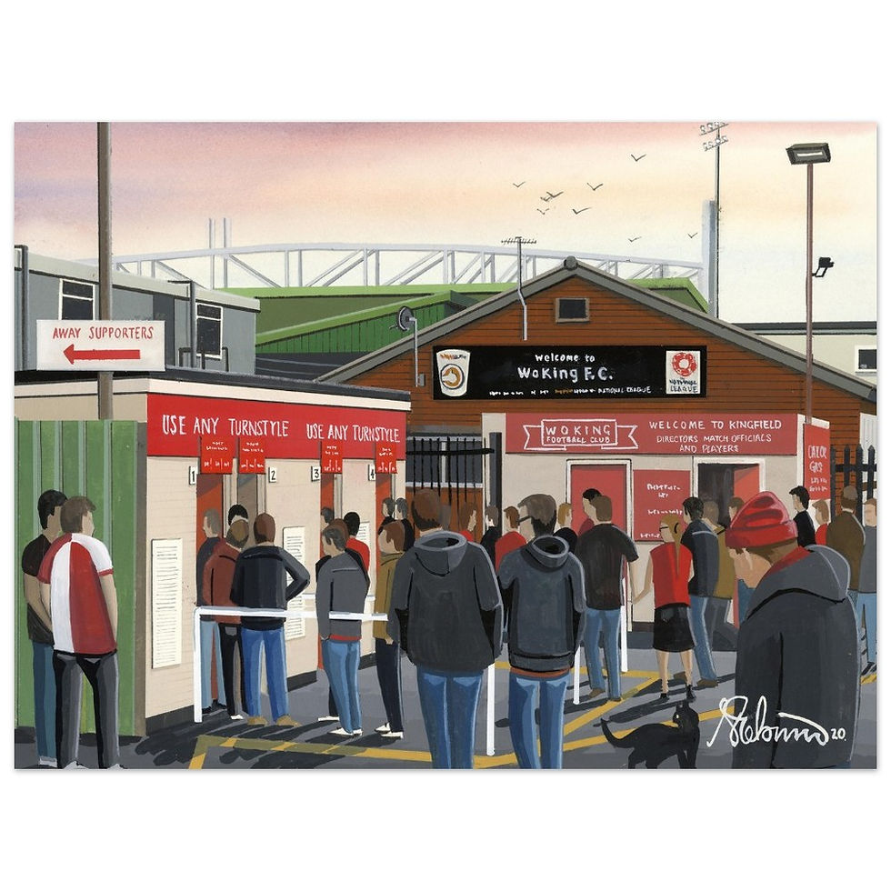 Woking FC Kingfield Football stadium Scene by artist Andrew Robinson andrewrobinsonart.com. Available in fine art print, poster, canvas prints and mugs etc