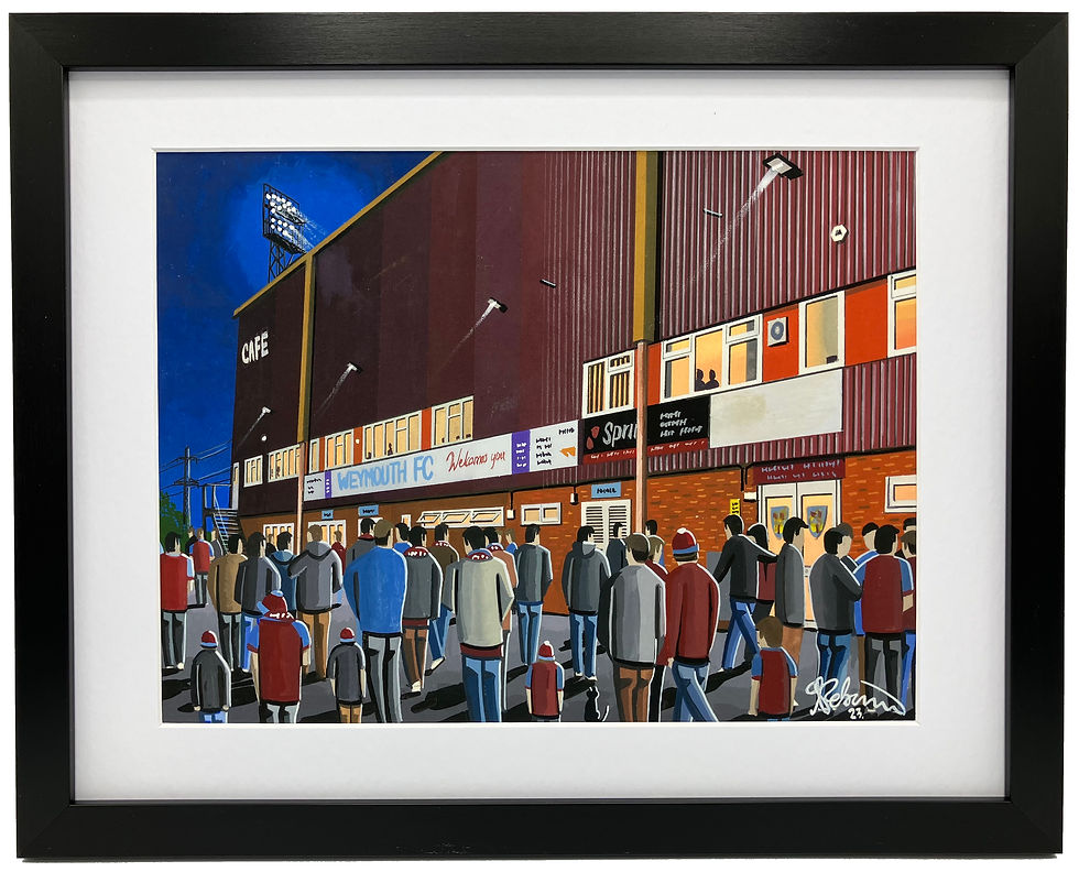 Weymouth FC Bob Lucas Football Stadium Scene by artist Andrew Robinson andrewrobinsonart.com. Available in fine art print, poster, canvas prints and mugs etc