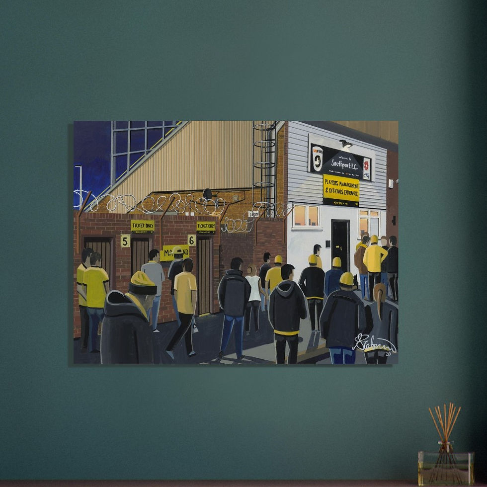 Thumbnail: Southport FC Haig Avenue football stadium scene by artist Andrew Robinson andrewrobinsonart.com. Available in fine art print, poster, canvas prints and mugs etc 