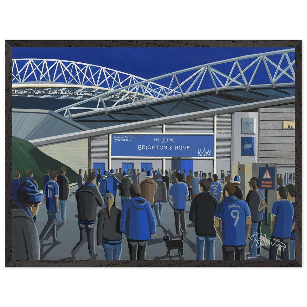 Thumbnail: Brighton & Hove Albion Amex Falmer Stadium Football Stadium Scene by artist Andrew Robinson andrewrobinsonart.com. Available in fine art print, poster, canvas prints and mugs etc 