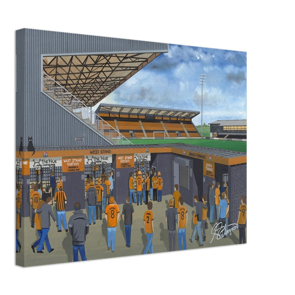 Thumbnail: Barnet FC The Hive football stadium scene by artist Andrew Robinson andrewrobinsonart.com. Available in fine art print, poster, canvas prints and mugs etc 