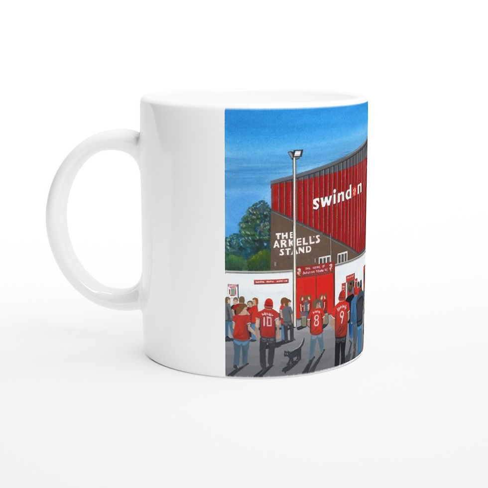 Thumbnail: Swindon T. County Ground. football stadium. Dishwasher and microwave proof printed ceramic mug. Ideal Town football club F.C memorabilia gift for birthdays, Christmas, Father’s Day. Perfect addition to any home or office. By artist Andrew Robinson.