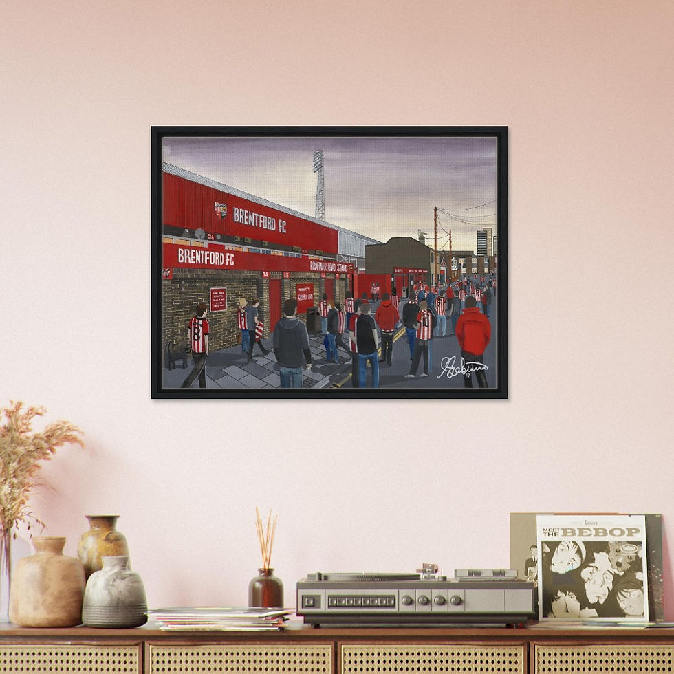 Thumbnail: Brentford F.C Stadium . Football Framed Canvas Print. Ceramic Mugs, Fine Art Prints and posters etc By Artist Andrew Robinson. andrewrobinsonart.com