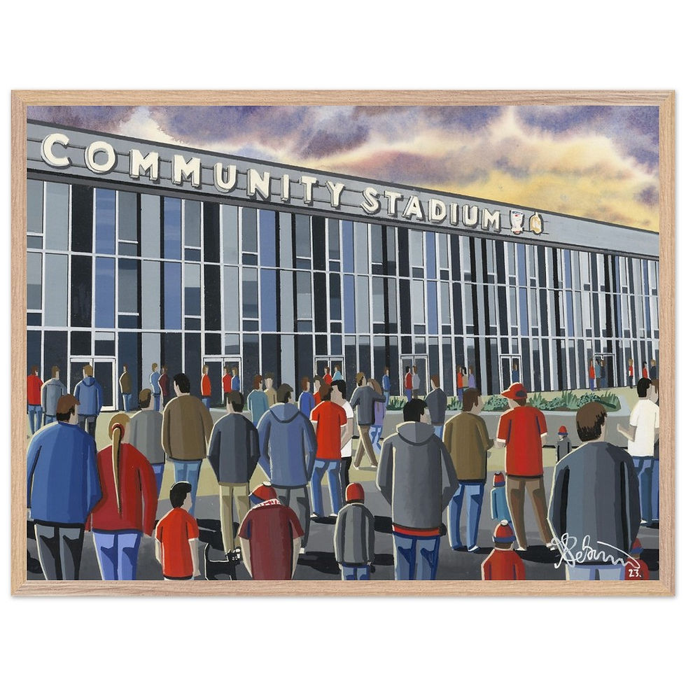 Thumbnail: York City FC LNER football stadium scene by artist Andrew Robinson andrewrobinsonart.com. Available in fine art print, poster, canvas prints and mugs etc 