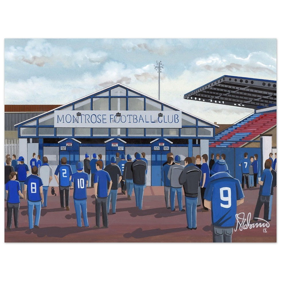 Montrose FC Links Park football stadium scene by artist Andrew Robinson andrewrobinsonart.com. Available in fine art print, poster, canvas prints and mugs etc