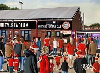 Worthing FC Woodside Road Stadium painting by artist Andrew Robinson. prints available from andrewrobinsonart.com