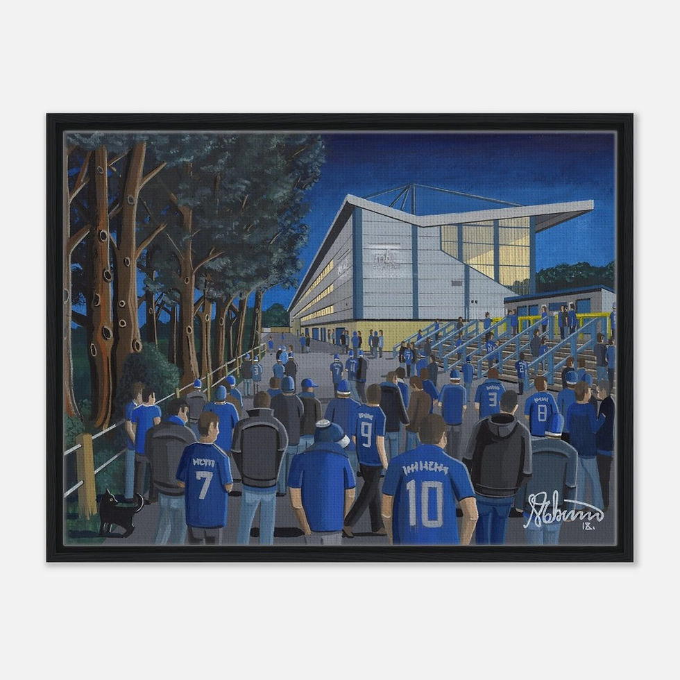 Thumbnail: Halifax Town AFC The Shay  Football Stadium By Artist Andrew Robinson andrewrobinsonart.com, framed Fine Art Prints Posters, Canvas Prints, Ceramic Mugs etc