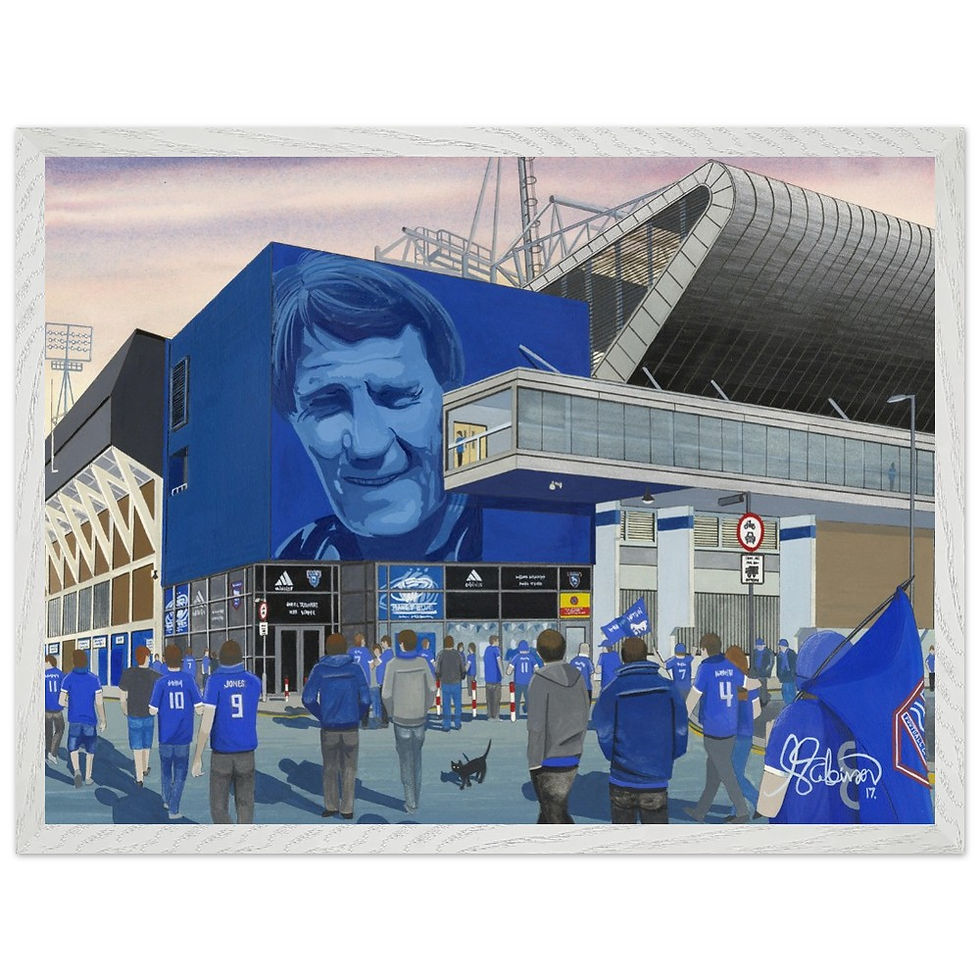 Thumbnail: Ipswich Town FC Portman Road football stadium By Artist Andrew Robinson andrewrobinsonart.com, Andrew Robinson art .Framed Fine Art Prints, Posters, Canvas Prints, Framed canvas prints, Ceramic Mugs etc sport, football, rugby, NFL
