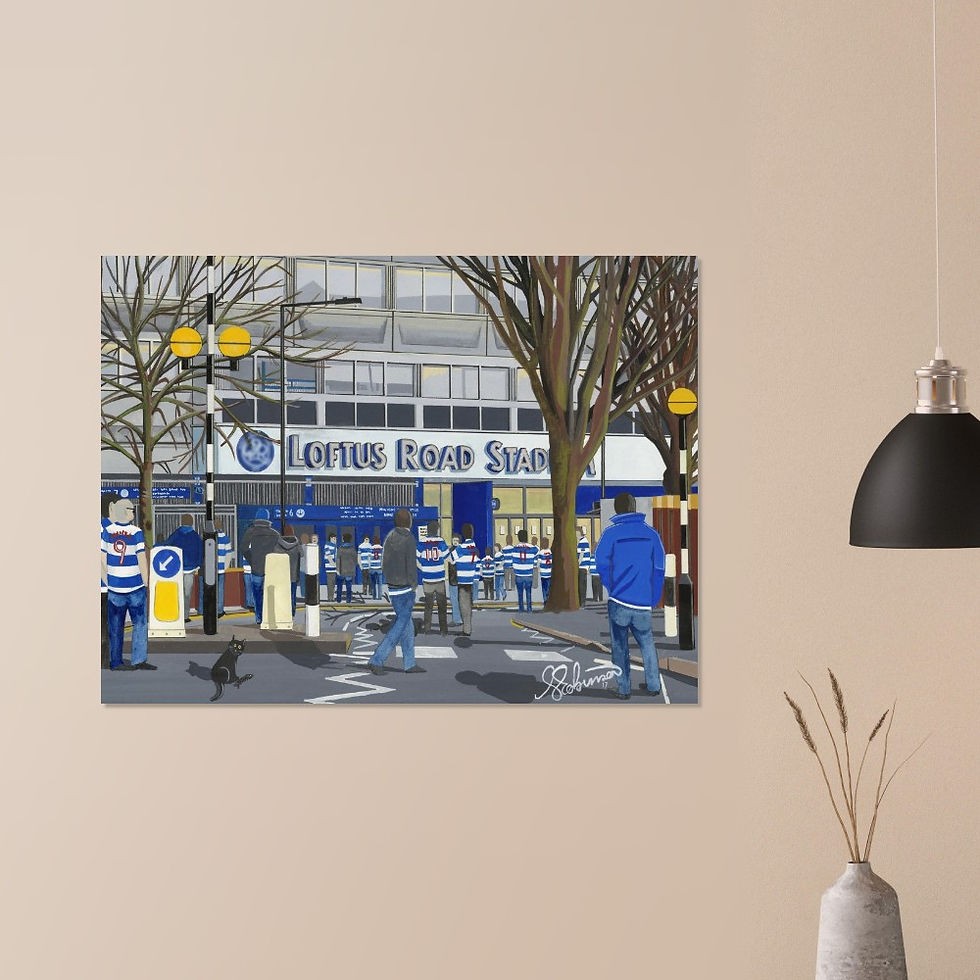 Thumbnail: QPR FC Queens Park Rangers FC Loftus Road football stadium scene by artist Andrew Robinson andrewrobinsonart.com. Available in fine art print, poster, canvas prints and mugs etc 