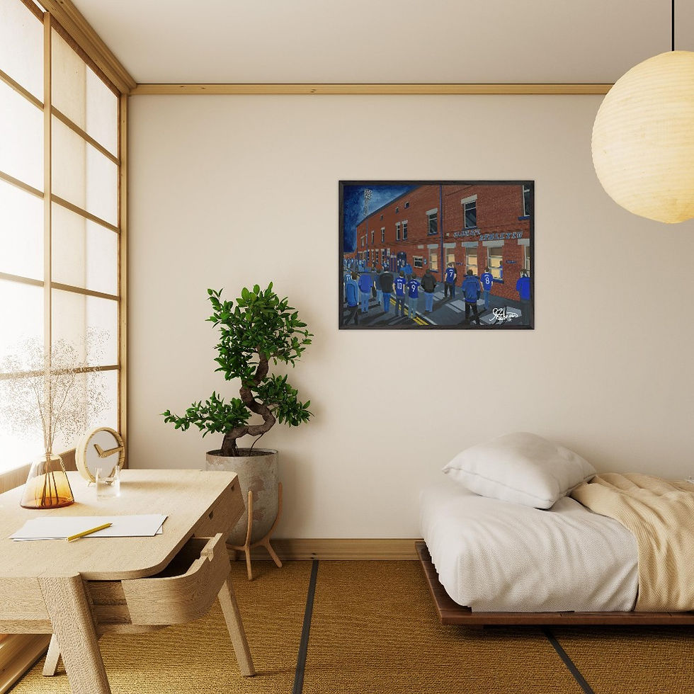 Thumbnail: Oldham Athletic FC Boundary Park Football Stadium Scene by artist Andrew Robinson andrewrobinsonart.com. Available in fine art print, poster, canvas prints and mugs etc 