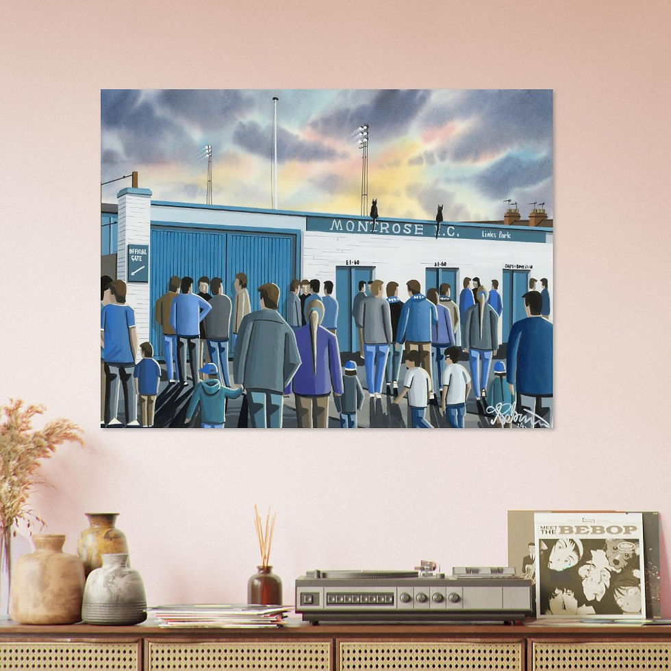 Thumbnail: Retro Montrose F.C, Links Park Stadium By Artist Andrew Robinson, Framed Fine Art  Prints, Posters, Canvas Prints, Framed canvas prints, Ceramic Mugs. andrewrobinsonart.com