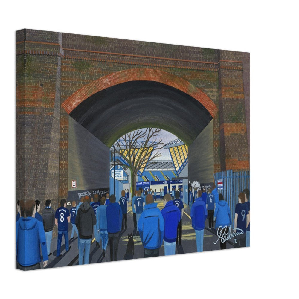 Millwall, Football Stadium By Artist Andrew Robinson andrewrobinsonart.com, Andrew Robinson art .Framed Fine Art Prints, Posters, Canvas Prints, Framed canvas prints, Ceramic Mugs etc sport, football, rugby, NFL