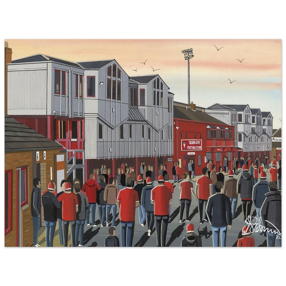 York City FC Retro Bootham Crescent Football Stadium Scene by artist Andrew Robinson andrewrobinsonart.com. Available in fine art print, poster, canvas prints and mugs etc