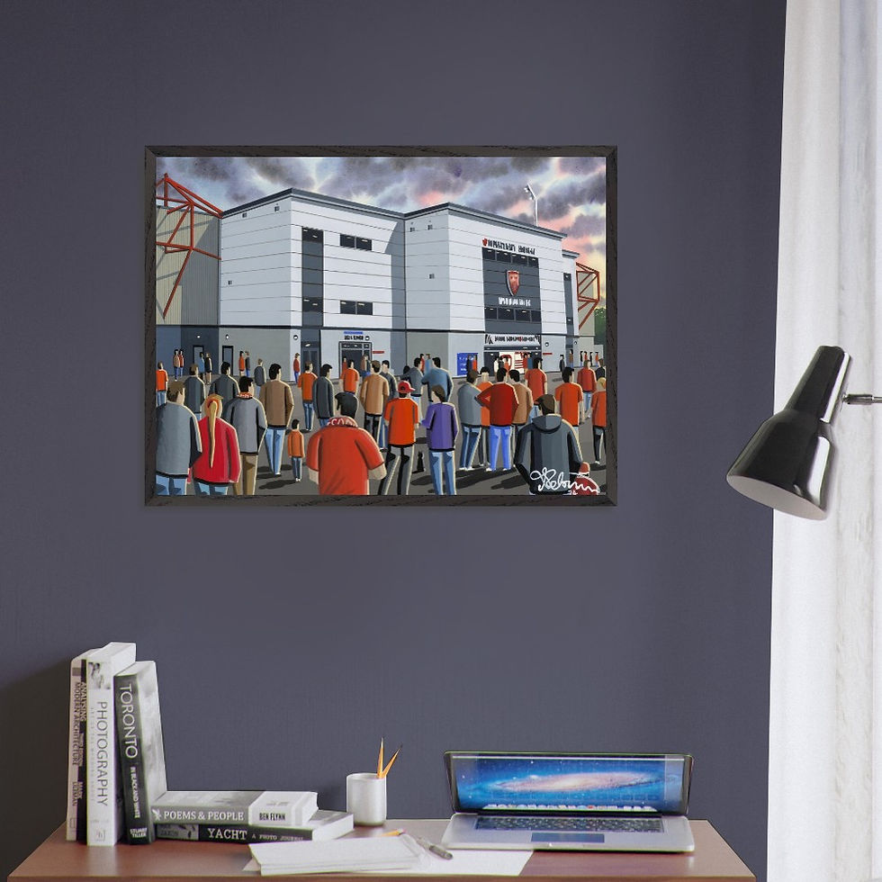 Thumbnail: Morecambe FC football  stadium By Artist Andrew Robinson andrewrobinsonart.com, Andrew Robinson art .Framed Fine Art Prints, Posters, Canvas Prints, Framed canvas prints, Ceramic Mugs etc sport, football, rugby, NFL